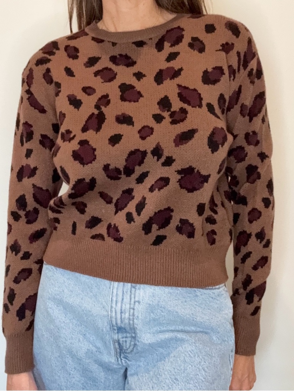 Women’s Brown Leopard Print Crewneck Sweater with Black & Brown Accents